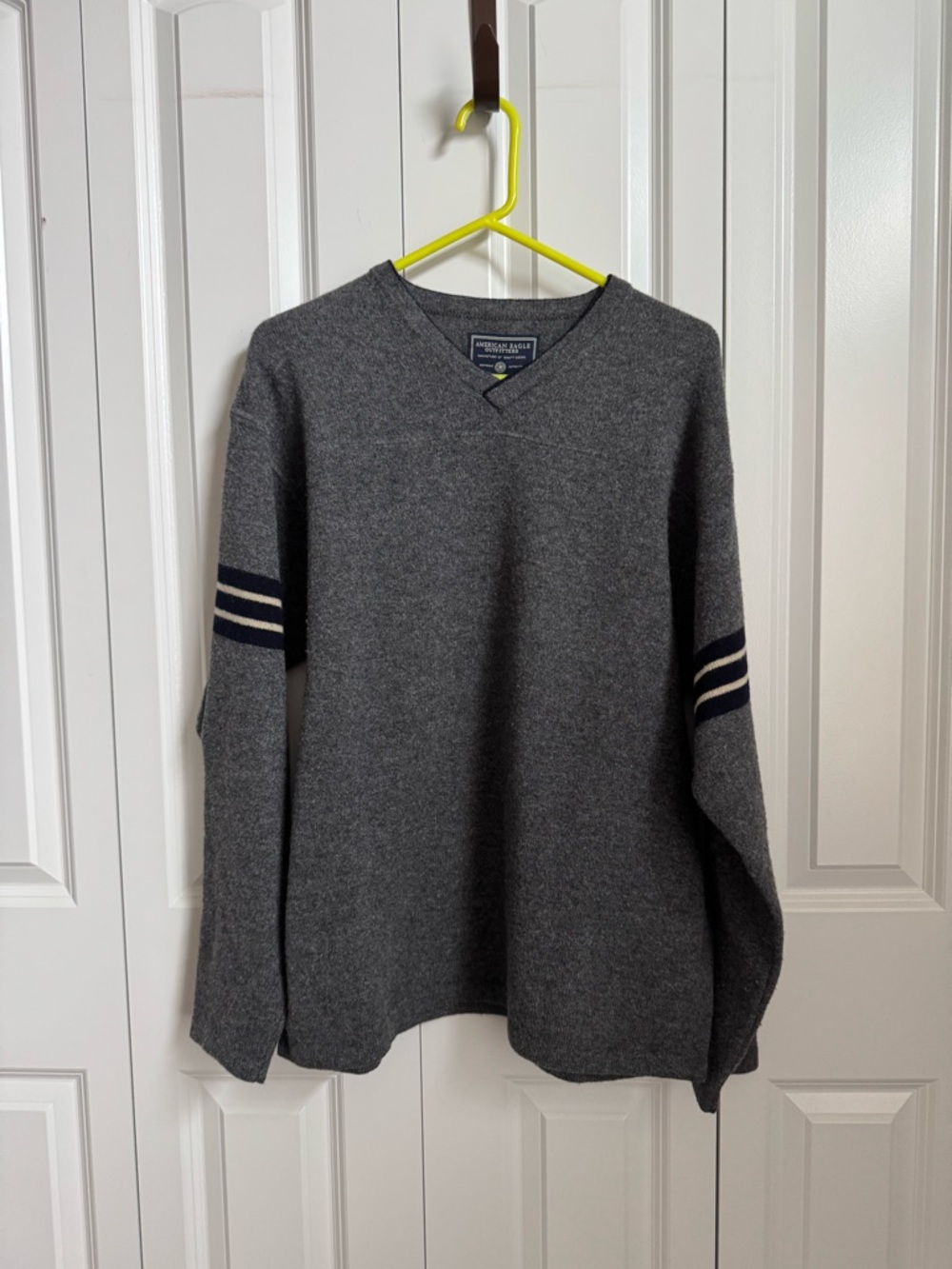 American Eagle Outfitters Gray V-Neck Sweater with Navy Stripe Sleeves 100% Wool